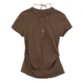 Modern slim fit brown women's short sleeve T-shirt with side ruched waist detail - Brown