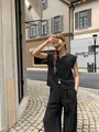 Gilet sans manches noir décontracté à col rond avec double fermeture éclair et pantalon - M / Hauts / Noir