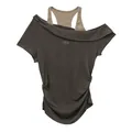 Dark brown off-shoulder fake two-piece T-shirt for women with pleated waist and CHILL print - M / Tops / Gray