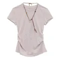 Slim fit Korean style short-sleeved T-shirt in light purple with waist pleats and necklace - Taro Purple