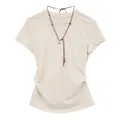 Slim fit oatmeal t-shirt for women with unique ruched waist and decorative dog necklace - M / Tops / Light Gray
