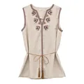 Vintage beige linnen vest voor dames met etnisch borduursel en tailleband met kwastjes - S / Tops / Natuurlijke hennep