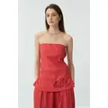 Rode linnen geborduurde holle strapless tubetop voor een elegante zomerse modestijl - M / Rood