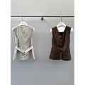 Minimalist cotton-blend V-neck sleeveless vest in beige and brown colors for layering - S / Tops / Gray-Apricot