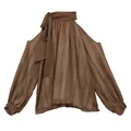 Braune Chiffon-Halterneck-Bluse mit freien Schultern und Schleife am Ausschnitt. - L / Oberteile / Braun