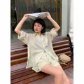 Summer light beige Tencel ramie linen blend lazy style shirt and shorts set for women - One Size / Tops / Apricot