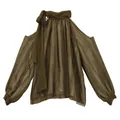 Elegante olivgrüne Chiffon-Bluse mit Neckholder, schulterfrei und schicker Schleife - M / Oberteile / Grün