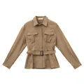 Vintage kaki corduroy jas met lange mouwen en een verstelbare tailleriem voor dames - S / Tops / Khaki
