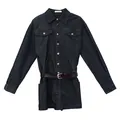 Abito a camicia vintage in denim scuro con tasche e cintura in pelle marrone da donna - Taglia S / Blu zaffiro