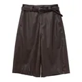 Elegant high waist dark brown faux leather wide leg culottes with belt for autumn - S / Reddish Brown