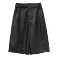 Fashionable high-waisted black PU leather wide-leg culottes with a matching belt - S / Black