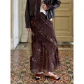 Elegante falda midi con estampado floral vintage en marrón oscuro y tonos tierra - S / Bottoms / Marrón