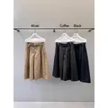 Three colors of high-waist PU leather wide-leg culottes: khaki, coffee, and black options - S / Bottoms / Khaki