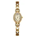 GEDI vintage oval women's quartz watch with elegant rhinestones on gold-toned steel strap. - Gold Case White Mother of Pearl Dial Gold Band
