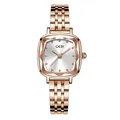 Elegant rose gold ladies square quartz watch with faceted gemstone glass and metal band - Rose Gold Case White Dial Rose Gold Steel Band