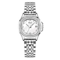 Elegante Gedi Damen Quarzuhr mit silbernem Stahlband und funkelnder Strass-Lünette - Silbernes Gehäuse Weißes Perlmutt Zifferblatt (61013)