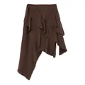 Elegant coffee brown asymmetric ruffled midi skirt with unique textured fabric design - S / Bottoms / Brown