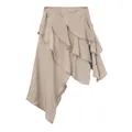 Asymmetrical tiered midi skirt with lace trim in khaki, textured fabric for early autumn - S / Bottoms / Grey Apricot