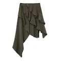 Autumn dark olive textured asymmetric layered ruffle midi skirt - S / Bottoms / Green