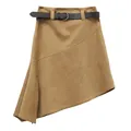 Vintage style camel suede asymmetrical A-line skirt with a detachable black belt - S / Bottoms / Khaki