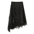 Black satin midi skirt with asymmetric lace hem and elegant patchwork. - S / Bottoms / Black