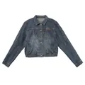 Stylish women's vintage blue washed cropped denim jacket featuring classic lapel collar - Denim Blue