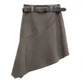 Retro Maillard style asymmetrical suede A-line skirt with belt in dark grey - S / Bottoms / Grey Green
