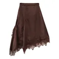 Elegant brown satin irregular hem midi skirt with delicate lace patchwork detailing - S / Bottoms / Purple Coffee