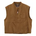 Gilet da donna in camoscio marrone con colletto rialzato e fodera interna a quadri - Taglia S / Top / Marrone