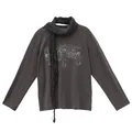 Locker geschnittenes dunkelgraues Langarmshirt mit passendem Schal und Stickerei - S / Oberteile / Grau