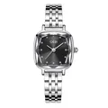 GEDI elegant women's square quartz watch featuring faceted crystal and silver steel strap - Silver Case White Index Black Dial Silver Steel Band