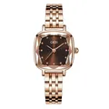 Elegant rose gold women's steel band quartz watch with square brown dial and mirrored glass - Rose Gold Case Coffee Dial Rose Gold Band