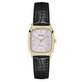 GEDI vintage square women's quartz watch with glitter dial and black leather strap - Gold Case White Dial Black Leather Strap