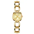 GEDI elegant gold-tone small square dial quartz watch with stylish hollow chain bracelet - Gold Case Gold Studs Gold Dial Gold Band