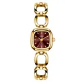 Elegant GEDI women's gold quartz watch with red square dial and hollow chain link strap - Gold Case Gold Markers Wine Red Dial Gold Strap