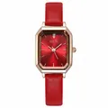 Vintage wine red octagonal quartz watch for women with rose gold case and leather strap - Rose Gold Case Red Dial Red Leather Strap