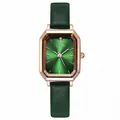Elegant women's quartz watch featuring green rectangular dial and rose gold case - Rose Gold Case & Markers, Green Dial, Dark Green Leather Strap