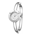 Elegant silver stainless steel bangle watch for women with crystal bezel and Roman numerals - Silver Case White Dial Silver Band