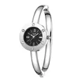 Elegant Gedi silver bangle watch for women with crystal accents and black Roman dial. - Silver Case Black Dial Silver Band