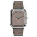 Minimalist square quartz watch for women with taupe leather strap and grey dial. - Silver Case Grey Dial Brown Strap