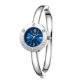 Elegant silver bangle watch featuring a blue sunray dial and sparkling rhinestone accents. - Silver Case Dark Blue Dial Silver Band