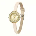 Elegant women's sunflower diamond gold quartz watch with a cream leather strap and retro style - Gold Case Gold Dial Pink Strap
