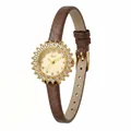 Vintage women's quartz watch with sunflower rhinestone case and brown leather strap - Gold Case Gold Dial Brown Strap