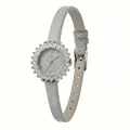 Elegant women's quartz watch with sunflower rhinestone bezel and gray leather strap - White Case Gray Dial Gray Strap