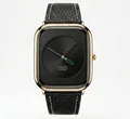 Minimalist women's Gedi square quartz watch featuring a textured black leather strap - Gold Case Black Dial Black Band