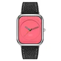 Minimalist women's quartz watch featuring a square pink dial and black leather strap - Silver Case Rose Red Dial Black Strap