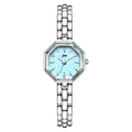 Elegant octagonal women's quartz watch with light blue dial and silver steel strap. - Silver Case Silver Markers Light Blue Dial Silver Band
