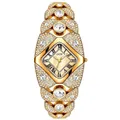 Luxurious gold-tone quartz watch for women with full rhinestone pavé and rhomboid dial - Bangle Style (GEDI) / GEDI Style Gold Case Light Gold Dial Gold Strap (Waterproof)