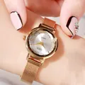 Montre à quartz GEDI élégante pour femme avec bracelet en maille or rose et verre facetté - Cadran Blanc Boîtier Or Bracelet en Maille Or