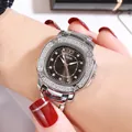 Élégante montre carrée en argent GEDI avec strass étincelants et bracelet en acier pour femme - Boîtier Argenté Cadran Noir